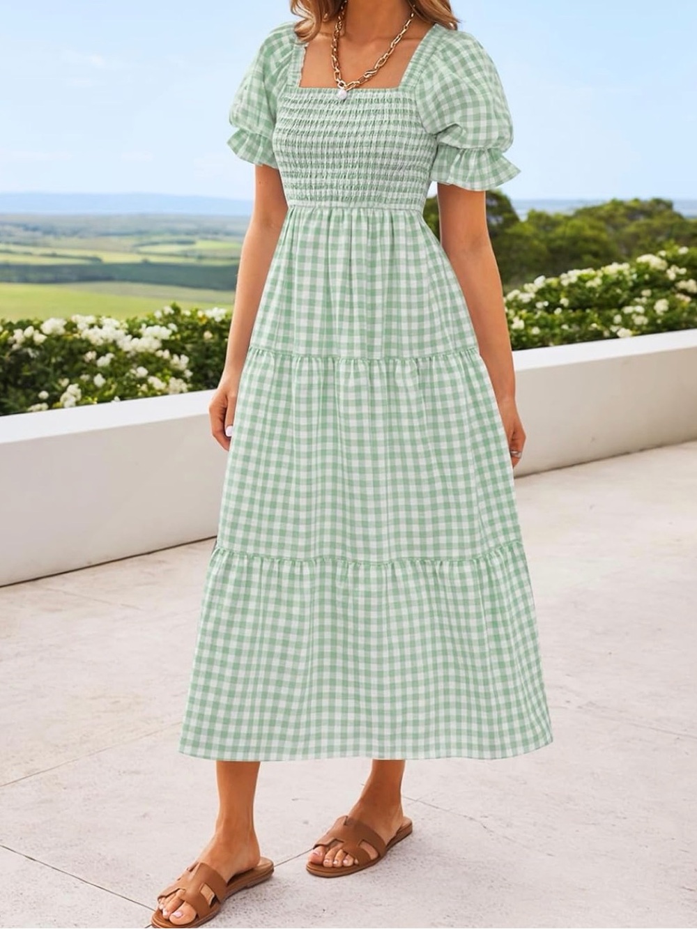 Smocked Gingham Midi Dress